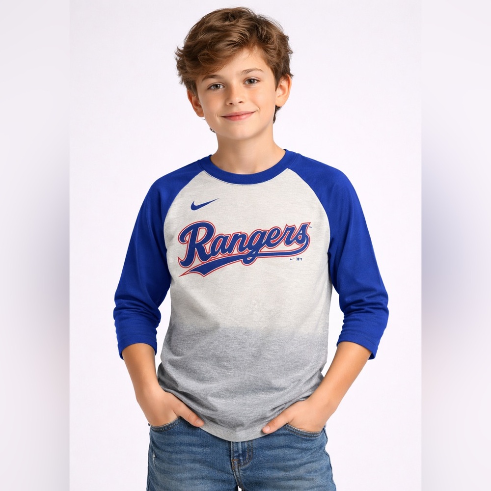 Nike Texas Rangers Raglan Tee Youth Medium Blue Gray 3/4 Sleeve MLB Shirt